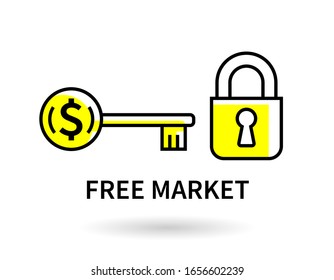 Dollar Key icon with padlock and keyhole. Free money market economic investment opportunity graphic. Vector illustration.