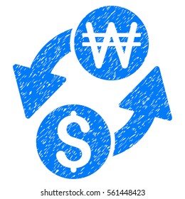 Dollar Korean Won Exchange grainy textured icon for overlay watermark stamps. Flat symbol with dust texture. Dotted vector blue ink rubber seal stamp with grunge design on a white background.