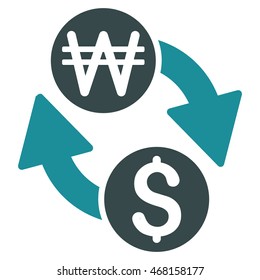 Dollar Korean Won Exchange icon. Vector style is bicolor flat iconic symbol with rounded angles, soft blue colors, white background.