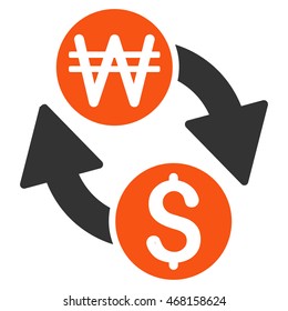 Dollar Korean Won Exchange icon. Vector style is bicolor flat iconic symbol with rounded angles, orange and gray colors, white background.