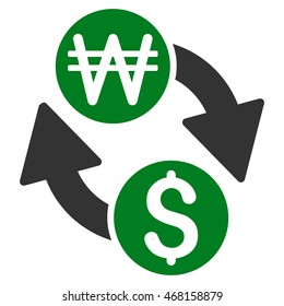 Dollar Korean Won Exchange icon. Vector style is bicolor flat iconic symbol with rounded angles, green and gray colors, white background.