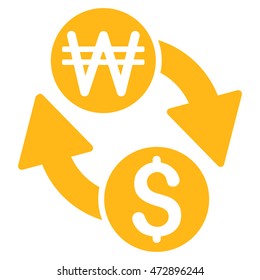 Dollar Korean Won Exchange icon. Vector style is flat iconic symbol with rounded angles, yellow color, white background.