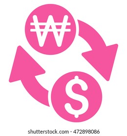 Dollar Korean Won Exchange icon. Vector style is flat iconic symbol with rounded angles, pink color, white background.