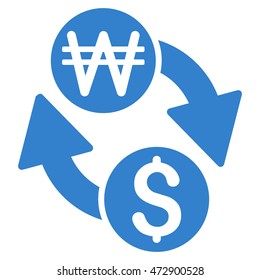 Dollar Korean Won Exchange icon. Vector style is flat iconic symbol with rounded angles, cobalt color, white background.