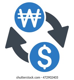 Dollar Korean Won Exchange icon. Vector style is bicolor flat iconic symbol with rounded angles, smooth blue colors, white background.