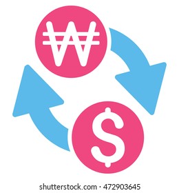 Dollar Korean Won Exchange icon. Vector style is bicolor flat iconic symbol with rounded angles, pink and blue colors, white background.