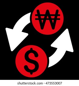 Dollar Korean Won Exchange icon. Vector style is bicolor flat iconic symbol with rounded angles, red and white colors, black background.