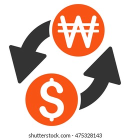 Dollar Korean Won Exchange icon. Vector style is bicolor flat iconic symbol with rounded angles, orange and gray colors, white background.