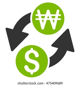 Dollar Korean Won Exchange icon. Vector style is bicolor flat iconic symbol with rounded angles, eco green and gray colors, white background.