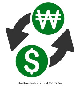 Dollar Korean Won Exchange icon. Vector style is bicolor flat iconic symbol with rounded angles, green and gray colors, white background.