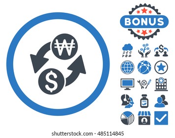 Dollar Korean Won Exchange icon with bonus pictures. Vector illustration style is flat iconic bicolor symbols, smooth blue colors, white background.