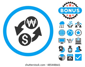 Dollar Korean Won Exchange icon with bonus design elements. Vector illustration style is flat iconic bicolor symbols, blue and gray colors, white background.