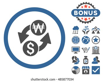 Dollar Korean Won Exchange icon with bonus pictogram. Vector illustration style is flat iconic bicolor symbols, cobalt and gray colors, white background.