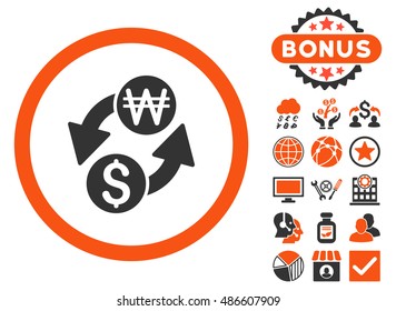 Dollar Korean Won Exchange icon with bonus symbols. Vector illustration style is flat iconic bicolor symbols, orange and gray colors, white background.