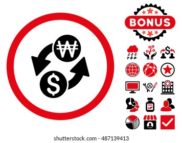 Dollar Korean Won Exchange icon with bonus symbols. Vector illustration style is flat iconic bicolor symbols, intensive red and black colors, white background.