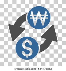 Dollar Korean Won Exchange icon. Vector illustration style is flat iconic bicolor symbol, cobalt and gray colors, transparent background. Designed for web and software interfaces.