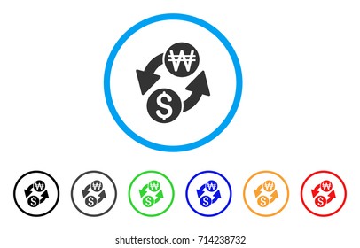 Dollar Korean Won Exchange icon. Vector illustration style is a flat iconic dollar korean won exchange gray rounded symbol inside light blue circle with black, gray, green, blue, red,