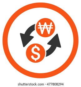 Dollar Korean Won Exchange rounded icon. Vector illustration style is flat iconic bicolor symbol, orange and gray colors, white background.