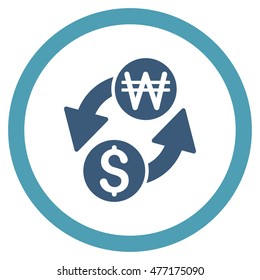 Dollar Korean Won Exchange vector bicolor rounded icon. Image style is a flat icon symbol inside a circle, cyan and blue colors, white background.