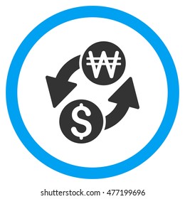 Dollar Korean Won Exchange vector bicolor rounded icon. Image style is a flat icon symbol inside a circle, blue and gray colors, white background.