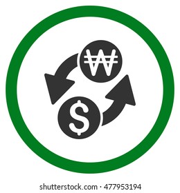 Dollar Korean Won Exchange vector bicolor rounded icon. Image style is a flat icon symbol inside a circle, green and gray colors, white background.