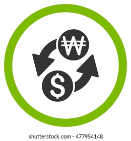 Dollar Korean Won Exchange vector bicolor rounded icon. Image style is a flat icon symbol inside a circle, eco green and gray colors, white background.