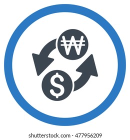 Dollar Korean Won Exchange vector bicolor rounded icon. Image style is a flat icon symbol inside a circle, smooth blue colors, white background.