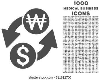 Dollar Korean Won Exchange vector icon with 1000 medical business icons. Set style is flat pictograms, gray color, white background.