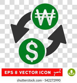 Dollar Korean Won Exchange vector icon. Image style is a flat green and gray pictograph symbol.