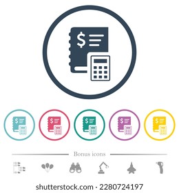 Dollar ledger flat color icons in round outlines. 6 bonus icons included.