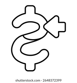 Dollar Brief mit Pfeil dünnen Linie Symbol, Design-Rekrutierung Konzept. Vektorgrafiken. Geldeinkommen, Finanzkenntniszeichen auf weißem Hintergrund, Stil mobil oder Design