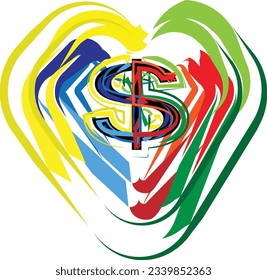 Dollar letter in colorful power of heart. Money symbol in business and finance. Vector illustration.
