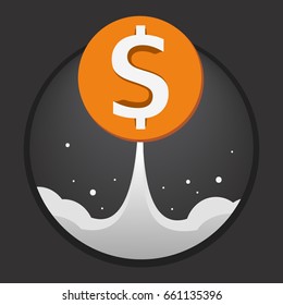 Dollar is like a Rocket with a plume against the dark sky.  Dark background.  Editable eps10 vector.