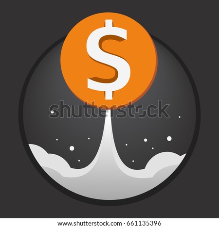 Dollar is like a Rocket with a plume against the dark sky.  Dark background.  Editable eps10 vector.