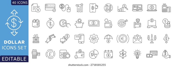 Línea de dólar editable icon set. pago, que contiene dinero, divisa, dólar, Precio, banco, ganancias, y más. Totalmente Editable. Ilustración vectorial.