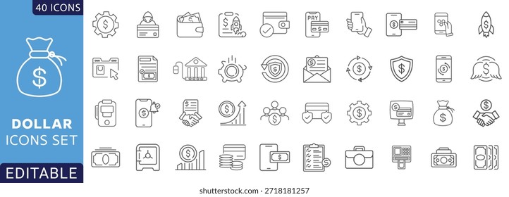 Línea de dólar editable icon set. pago, que contiene dinero, divisa, dólar, Precio, banco, ganancias, y más. Totalmente Editable. Ilustración vectorial.
