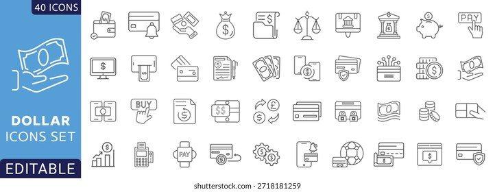 Línea de dólar editable icon set. pago, que contiene dinero, divisa, dólar, Precio, banco, ganancias, y más. Totalmente Editable. Ilustración vectorial.