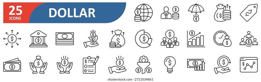 Conjunto de iconos editables de línea de dólar. Contiene iconos relacionados con finanzas, activos, riqueza, presupuesto, inversión, valor, salario, pago, intercambio, economía, beneficio