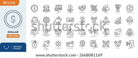 Dollar line editable icon set. Containing money, payment, currency, dollar, price, bank, earning, and more. Editable stroke. Vector illustration