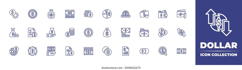 Icono de línea de dólar colección. Trazo editable. Ilustración vectorial. Conteniendo el símbolo del dólar, bolso del dinero, contrato, moneda, pago, dinero, lista del Precio, economía circular, inversión, banco, dólar.