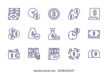 Dollar line icon set. Editable stroke. Vector illustration. Containing dollar symbol, money, wallet, money bag, payment, notes, cash, file, save money, cycle, time is money, chat, dollar.