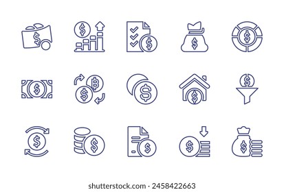 Dollar line icon set. Editable stroke. Vector illustration. Containing money bag, contract, coin, mortgage loan, exchange rate, price list, bill, dollar note, graph, dollar symbol, dollar, money loss.