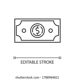 Dollar linear icon. Money exchange. Investment in stock. Trading service. Financial wealth. Thin line customizable illustration. Contour symbol. Vector isolated outline drawing. Editable stroke