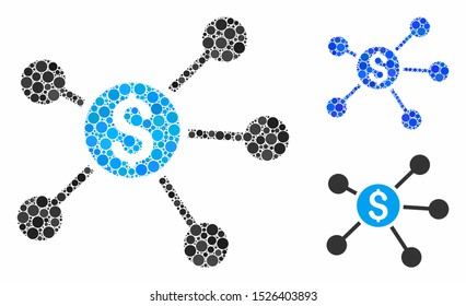 Dollar links composition for dollar links icon of round dots in different sizes and color tones. Vector round dots are united into blue mosaic. Dotted dollar links icon in usual and blue versions.