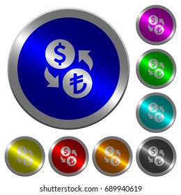 Dollar Lira money exchange icons on round luminous coin-like color steel buttons