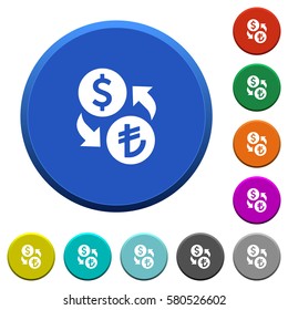 Dollar Lira money exchange round color beveled buttons with smooth surfaces and flat white icons
