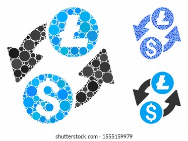 Dollar Litecoin exchange composition of spheric dots in different sizes and color tones, based on dollar Litecoin exchange icon. Vector round dots are grouped into blue composition.