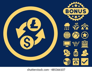 Dollar Litecoin Exchange icon with bonus images. Vector illustration style is flat iconic symbols, yellow color, blue background.