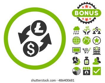 Dollar Litecoin Exchange icon with bonus symbols. Vector illustration style is flat iconic bicolor symbols, eco green and gray colors, white background.