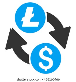 Dollar Litecoin Exchange icon. Vector style is bicolor flat iconic symbol with rounded angles, blue and gray colors, white background.